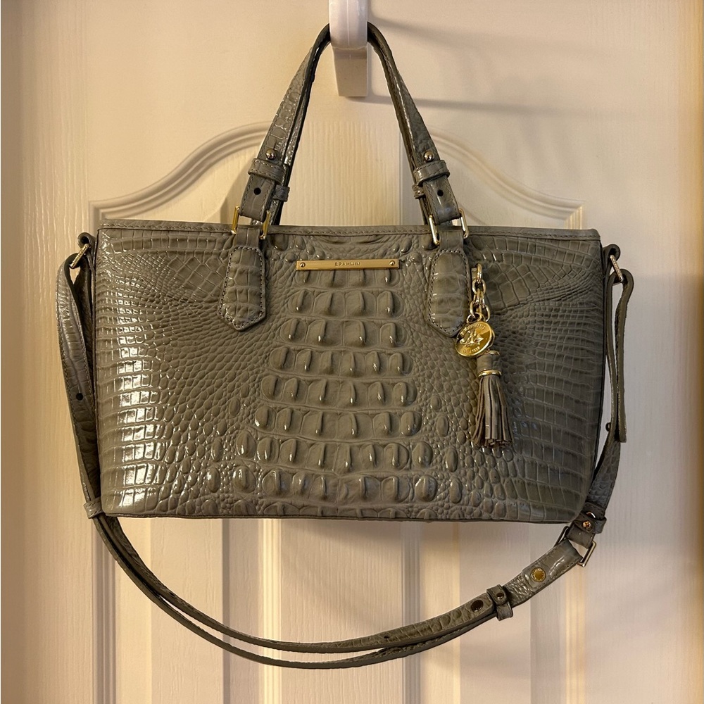 BRAHMIN Leather Handbag Satchel in Gray Croc Leather & Gold Metal